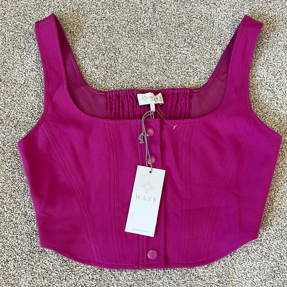 WAYF Cora Tailored Sleeveless Pink Square Neck Snap-Front Crop Top Sz S - Picture 2 of 9